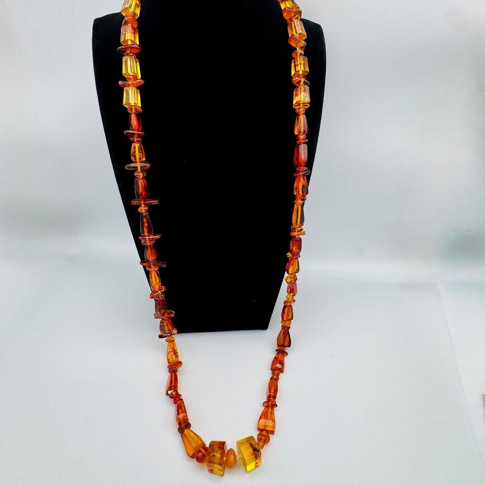 Vintage Baltic Amber Necklace Cognac Honey Cube Bead Chunky Long Strand‎ 34 In
